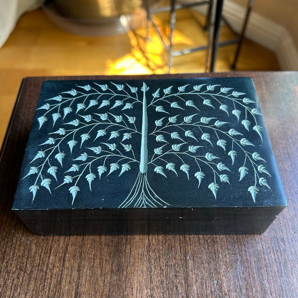 India Decorative stone box soapstone or marble carved tree motif on lid hinged